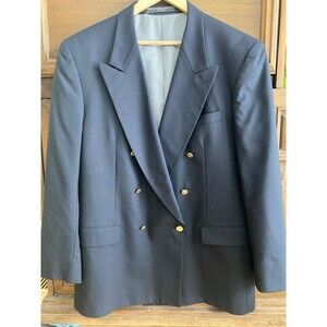 Vintage wool preppy academia double breasted navy blazer with gold buttons 44L
